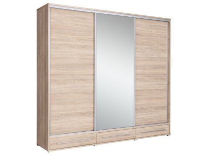 Szafa przesuwna z 3 szufladami, dużym lustrem, duża 255cm, dużo półek, drążek, HERMANO trzydrzwiowa, dąb sonoma