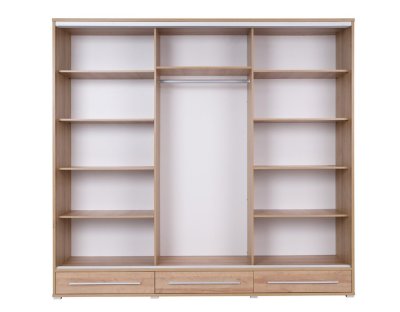 Szafa przesuwna z 3 szufladami, dużym lustrem, duża 255cm, dużo półek, drążek, HERMANO trzydrzwiowa, dąb riviera